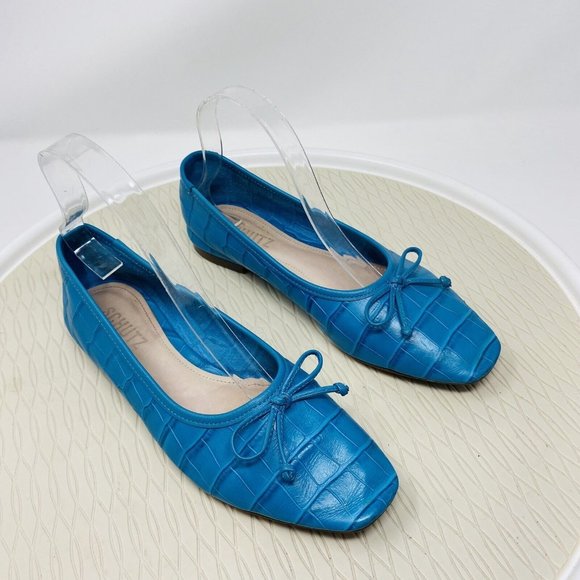 SCHUTZ Shoes - Schutz Teal Ballet Flats Size 7 Turquoise Blue Leather Shoes Bow Square Toe